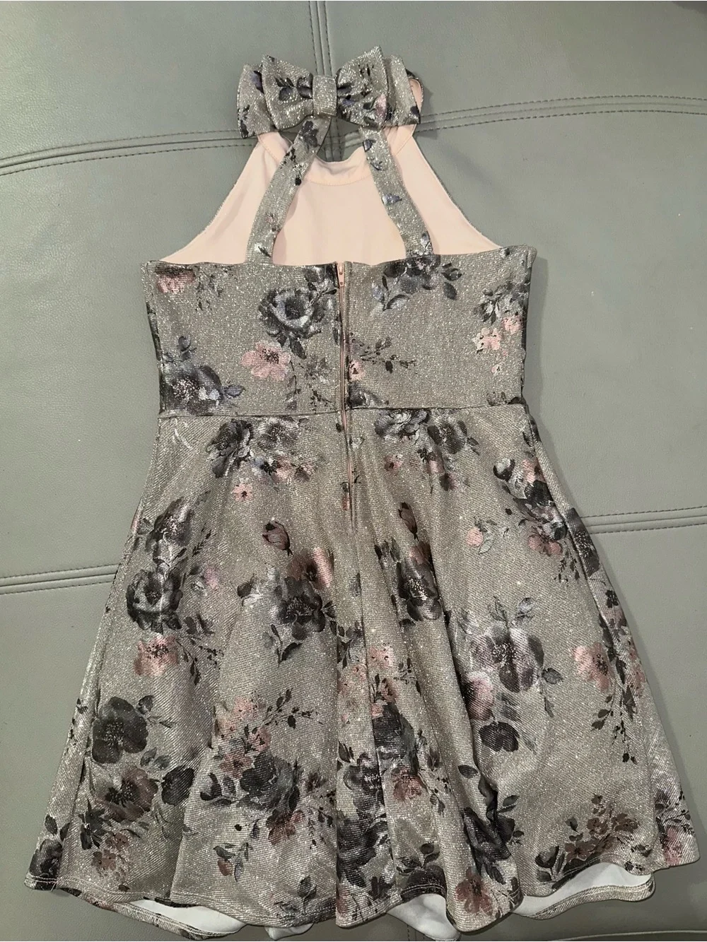 Emerald Sundae Silver Glitter Floral Halter Dress with Pink and Black Accents